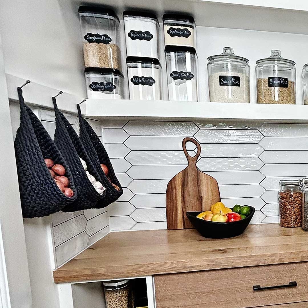 crochet hanging baskets in pantry